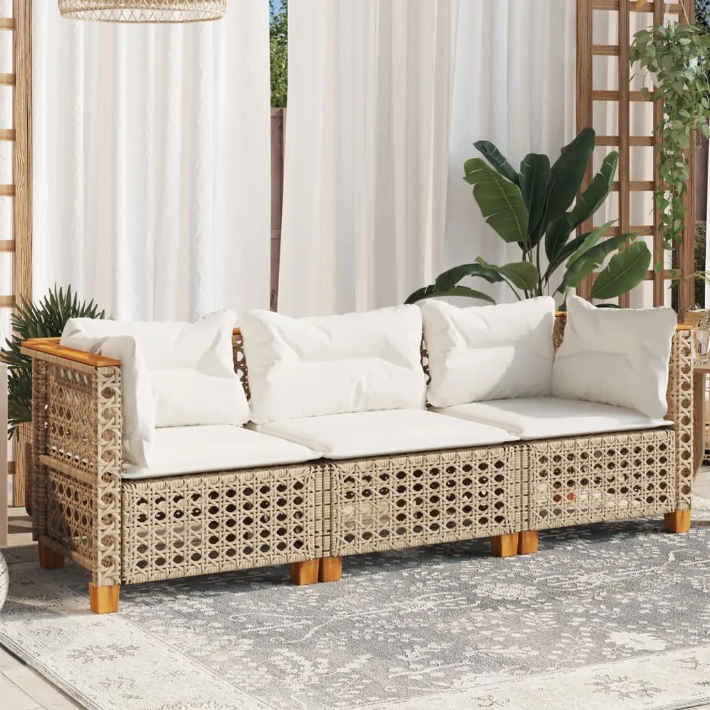 3 személyes bézs polyrattan kerti kanapé párnával