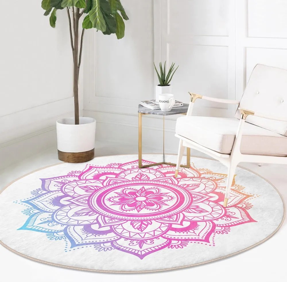 Fehér-rózsaszín mosható-robotporszívóval tisztítható kerek szőnyeg ø 120 cm Comfort – Mila Home