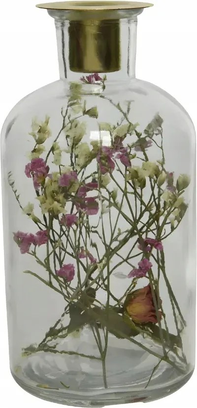 Üveg gyertyatartó szárított virágokkal, 16 cm-es