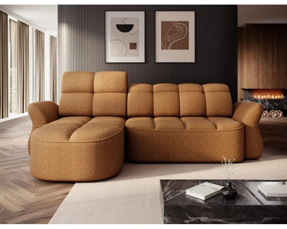 Sárga-barna bársony kinyitható-tárolóhelyes sarokkanapé (bal oldali-heverő résszel) Beneth – ELTAP