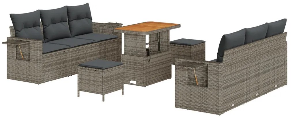 9 darabos kerti kanapé szett párnákkal szürke poly rattan akácia, 3 darabos kerti étkező szett párnákkal szürke poly rattan akácia