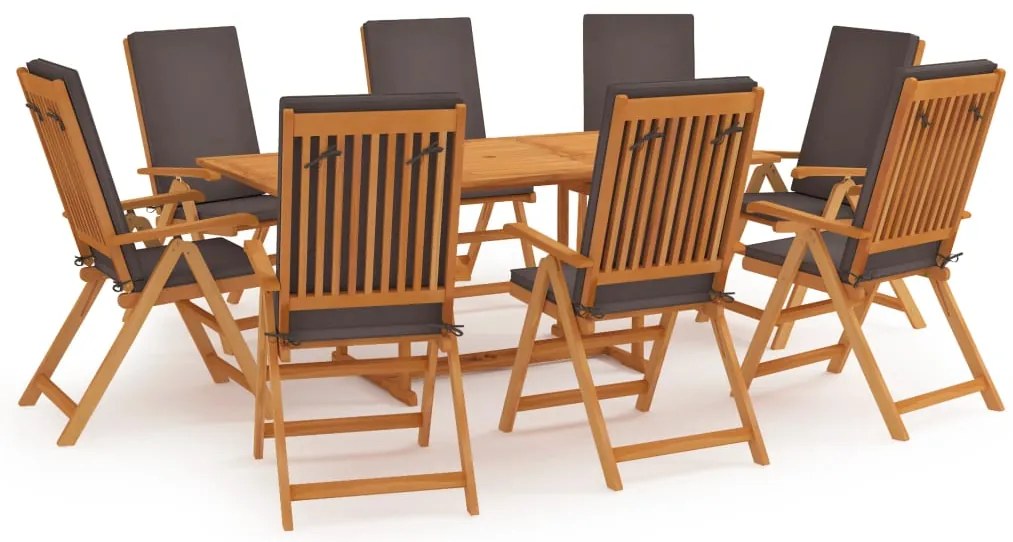 vidaXL 9 részes tömör tíkfa kerti étkezőgarnitúra szürke párnákkal