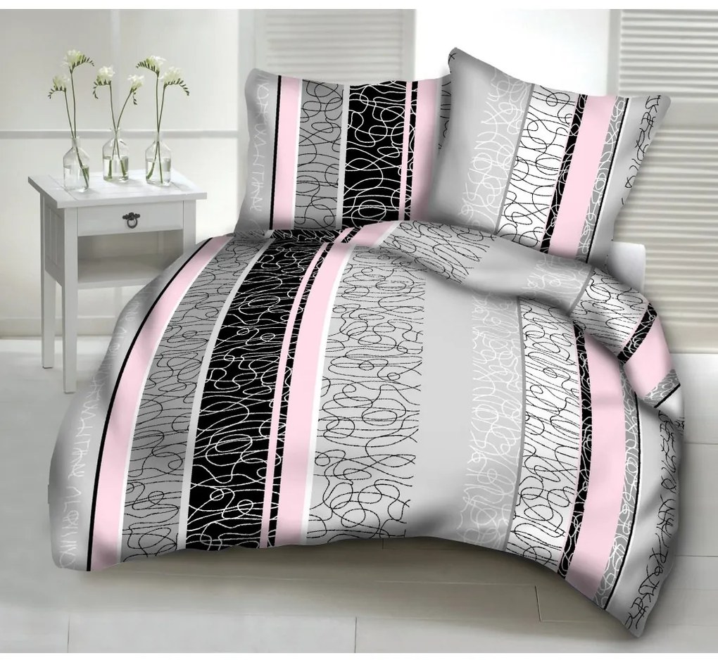 PINK-FEKETE-SZÜRKE krepp ágynemű DeLuxe Ágynemű mérete: 140x200 cm, A csomag tartalma: Készletcsomagolás