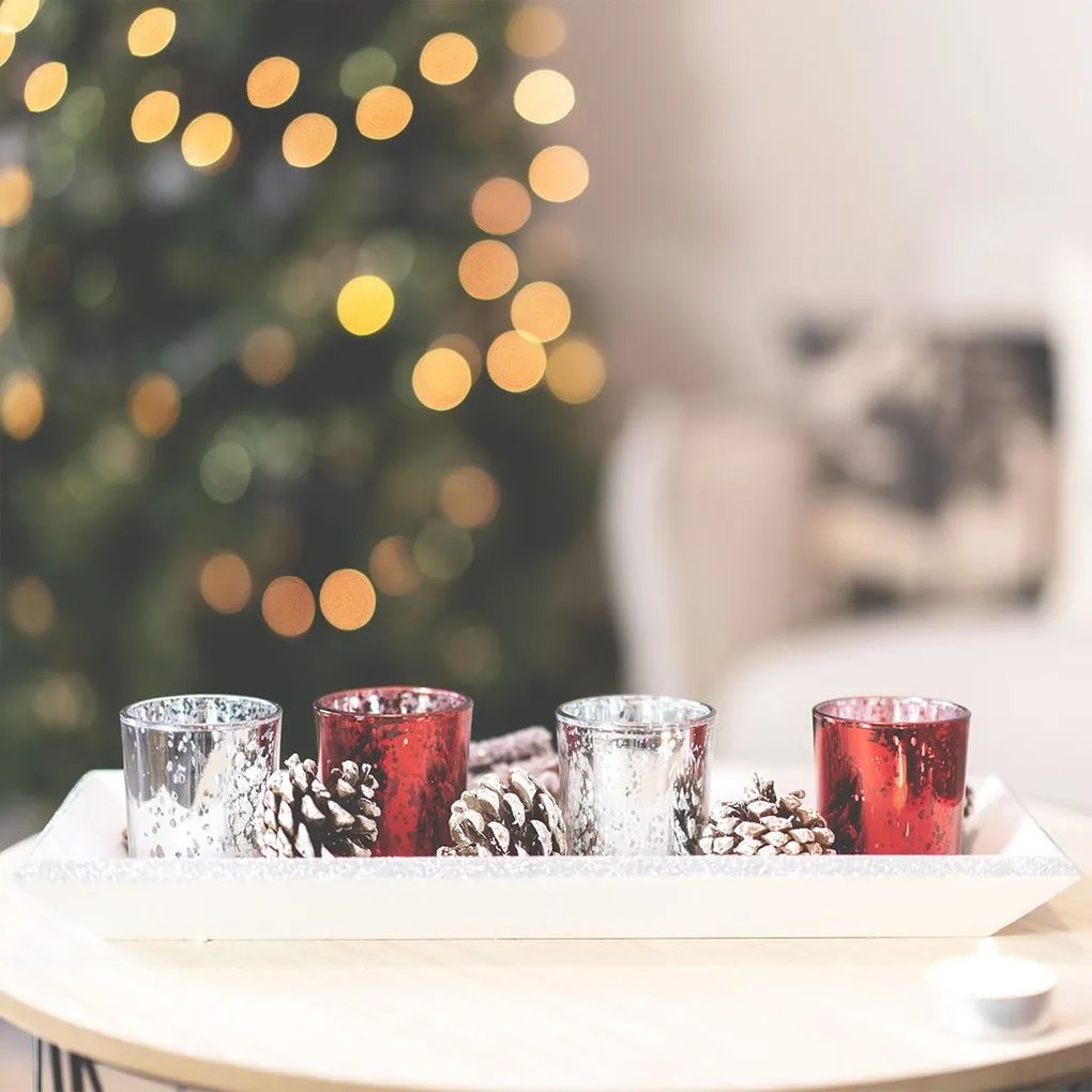 Adventi mécsestartó, toboz díszítéssel, ezüst-piros - POMME