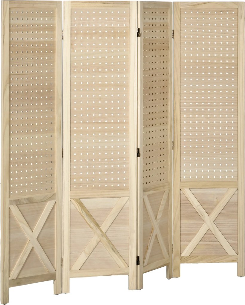 HOMCOM 4 Panel Szobaelválasztó Képernyő 152x1.7x144.5 cm Összecsukható Szobaelválasztó Fa Adott Fogasokkal Iroda Hálószoba Nappali Természetes | Aosom