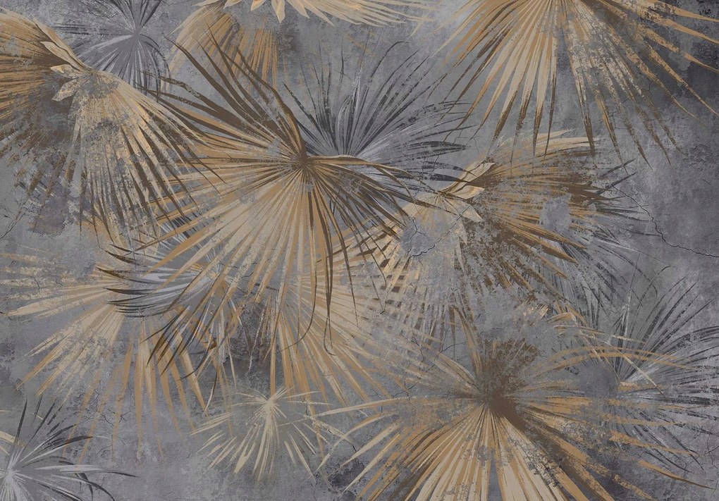 Fotótapéta dörzsölt beton gallyak pálmalevelek barna szürke +ragasztó