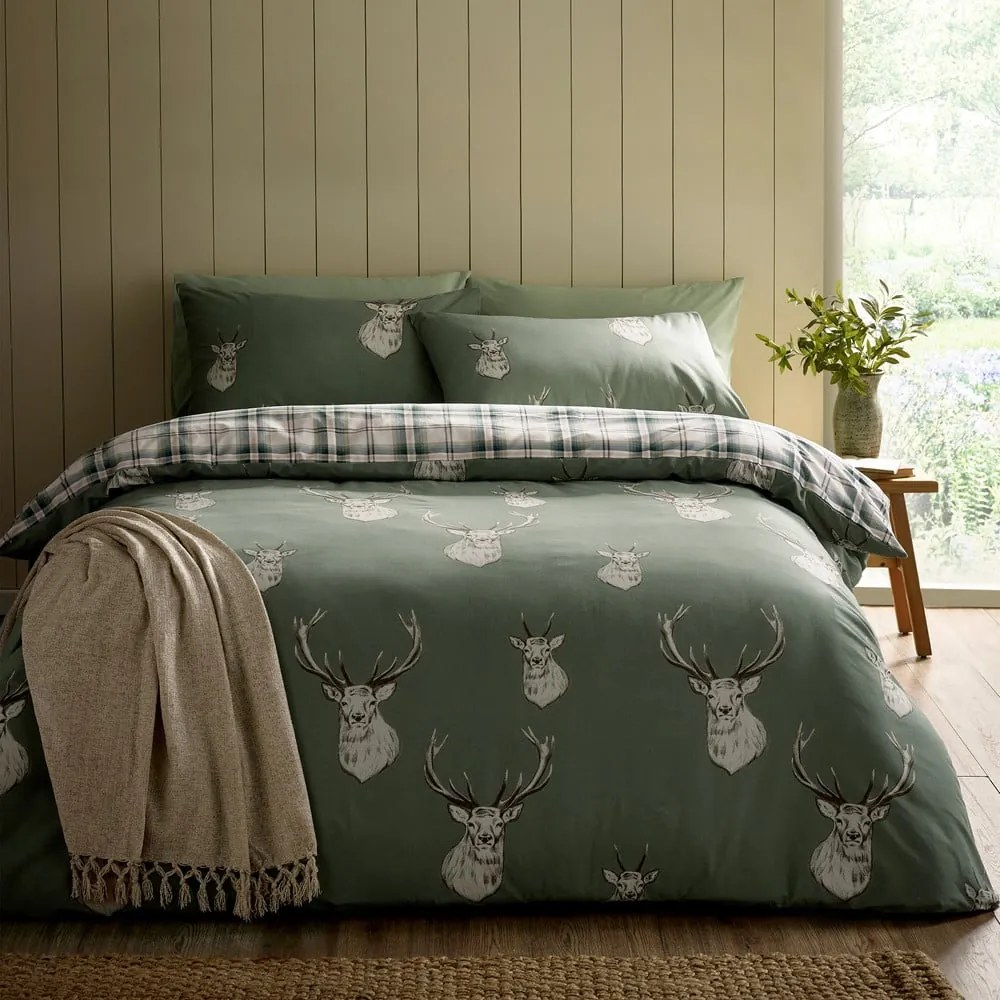 Zöld kétszemélyes ágyneműhuzat 200x200 cm Stag Check – Catherine Lansfield