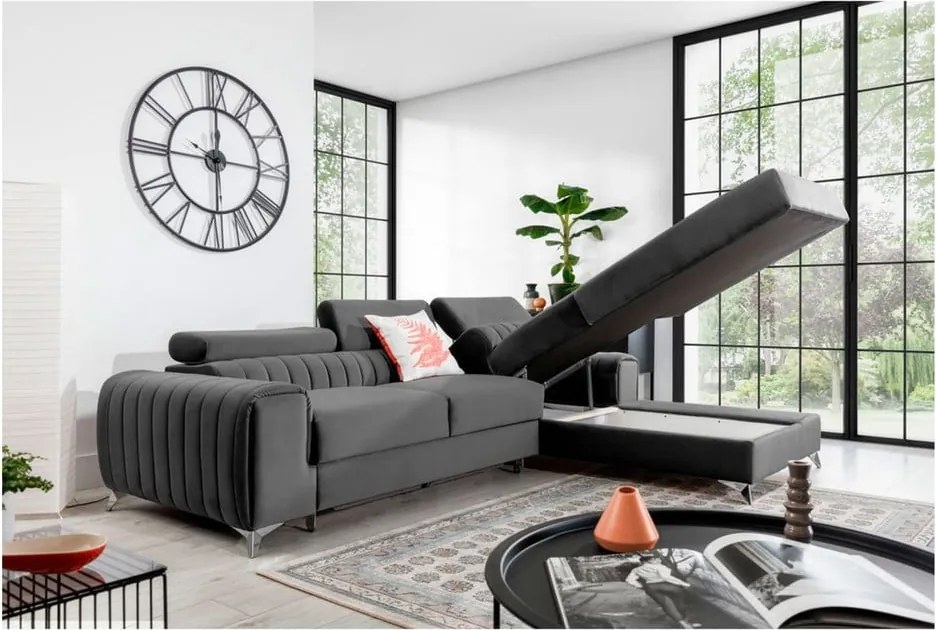 Sötétszürke bársony kinyitható-tárolóhelyes sarokkanapé (jobb oldali-heverő résszel) Grayson – ELTAP