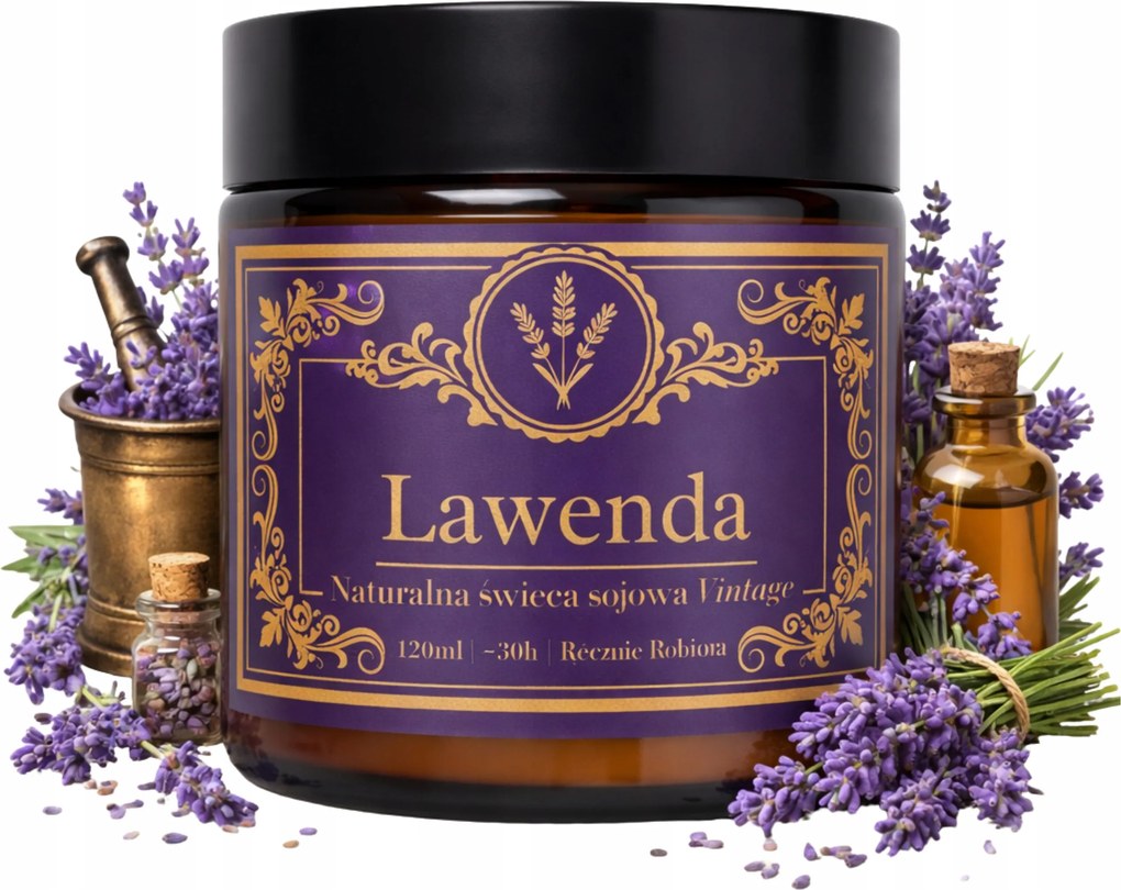 Szója Illatgyertya Levendula 120ML Vintage Tégelyben Hosszú Égés 30H
