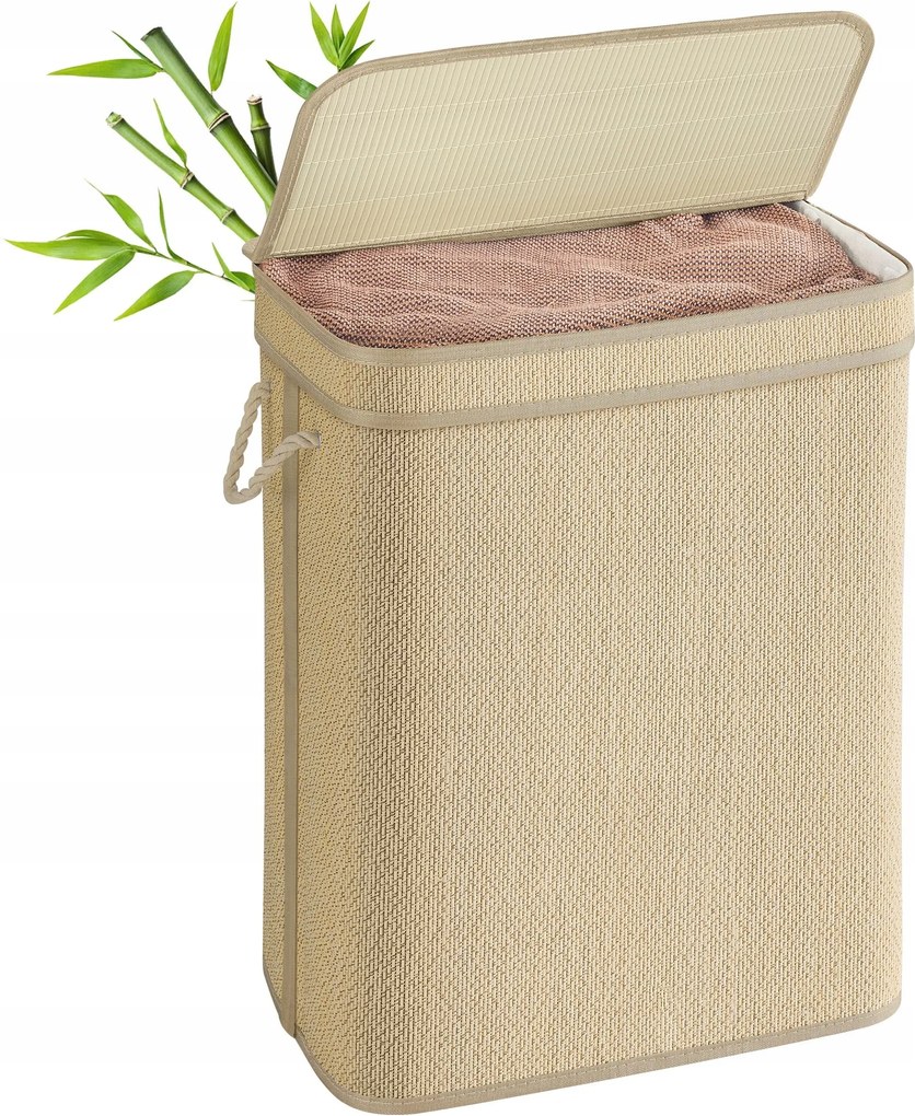 Bambusz Mosókosár szennyes tárolására, egykamrás, összecsukható, fürdőszobába, 90 literes