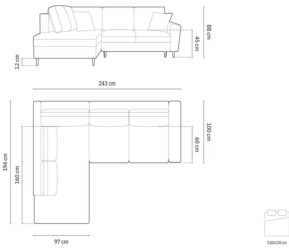 Kék bársony kinyitható tárolóhelyes sarokkanapé (bal oldali-L alakú) Kyoto – Cosmopolitan Design