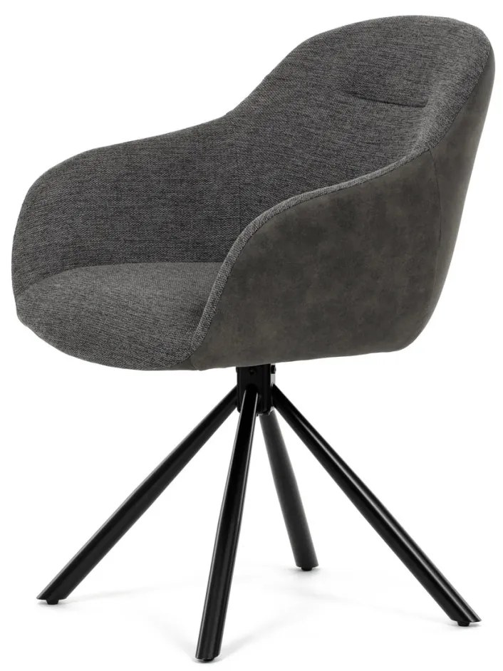 Scaun de sufragerie pivotant, țesătură gri și țesătură gri închis, cu decor vintage din piele, metal negru, mecanism de retragere rotativ P90°+ L90°.