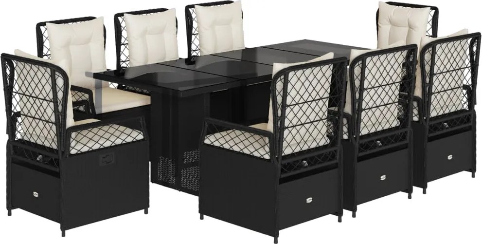 vidaXL 9 részes fekete polyrattan kerti étkezőgarnitúra párnákkal
