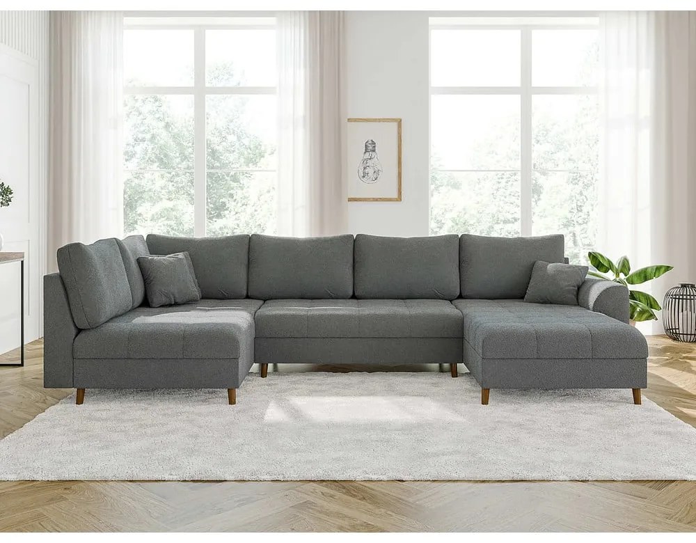 Szürke buklé sarokkanapé (jobb oldali-U alakú) Ariella – Ropez