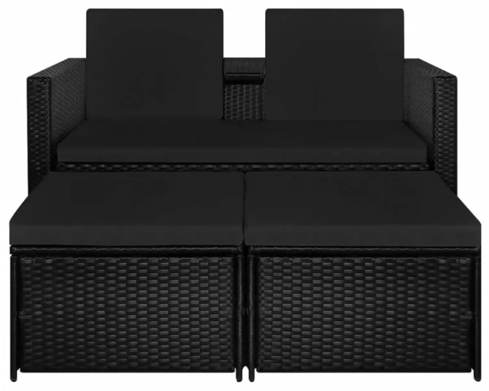 vidaXL 3 részes fekete polyrattan kerti bútorszett párnákkal
