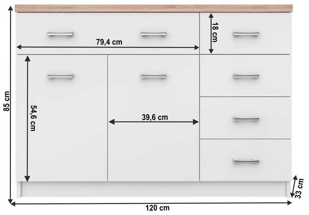 Komód 2d5s, fehér/tölgy sonoma, TOPTY TYP 08