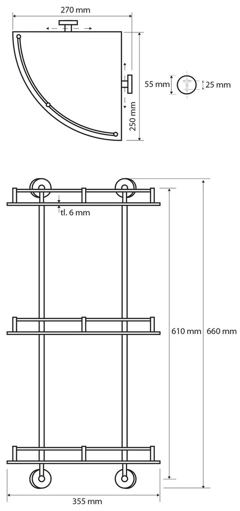 SAPHO XR606 X-Round E üveg. polc sarok. hármascsapóajtóval, 27 x 66 x 27 cm.
