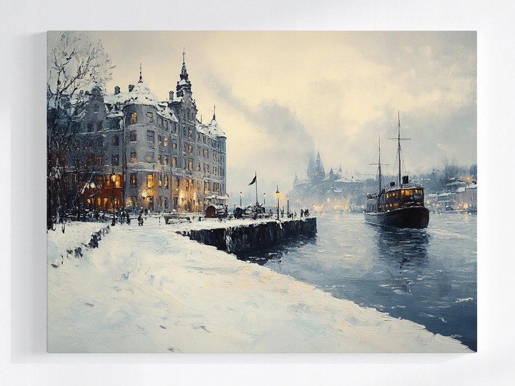 Vászonkép Canvas Város Kikötő Vízpart Hajó Tél Hó Fagy 100x75