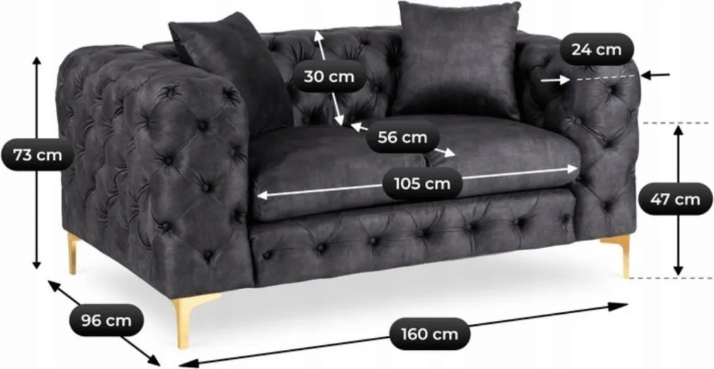 Sofa SORRENTO 2S Dwuosobowa Czarna Welurowa