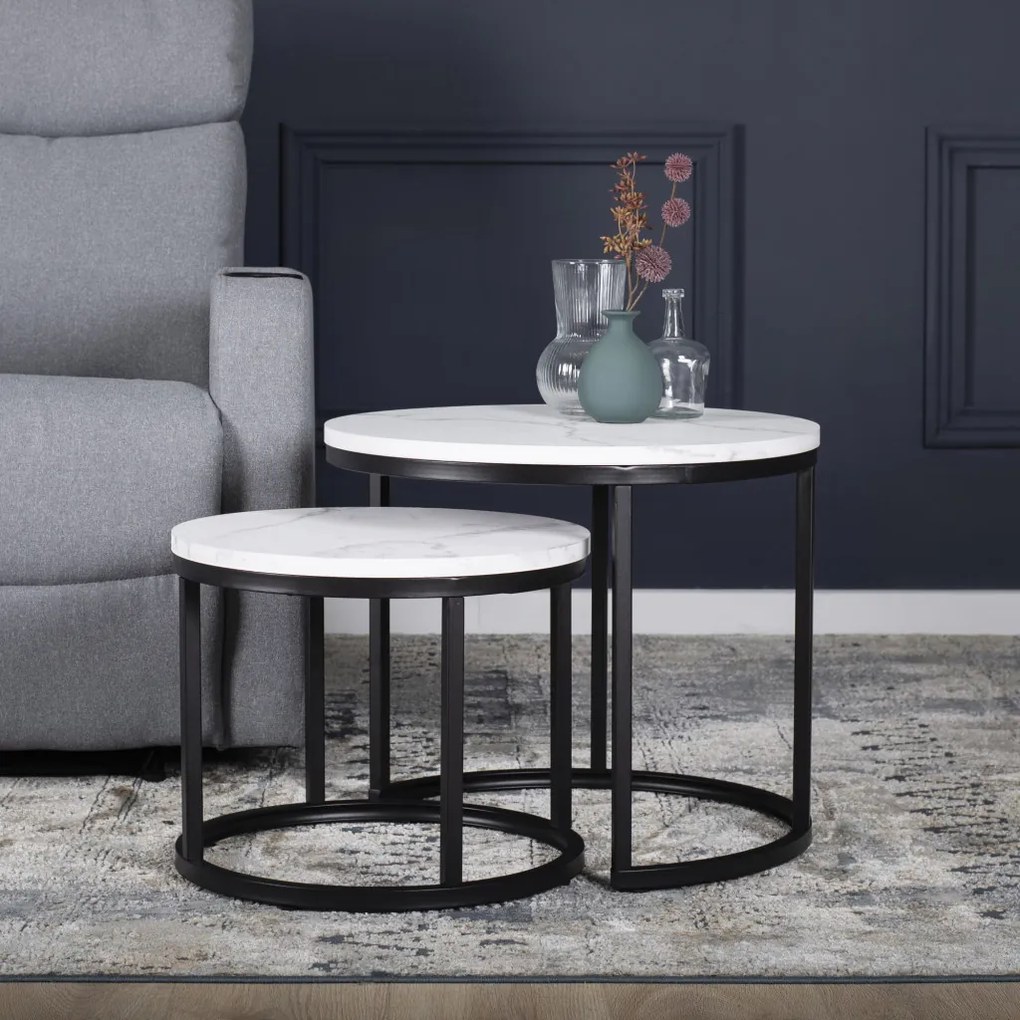 Set de măsuțe de cafea din MDF cu aspect de marmură albă, DAFNE