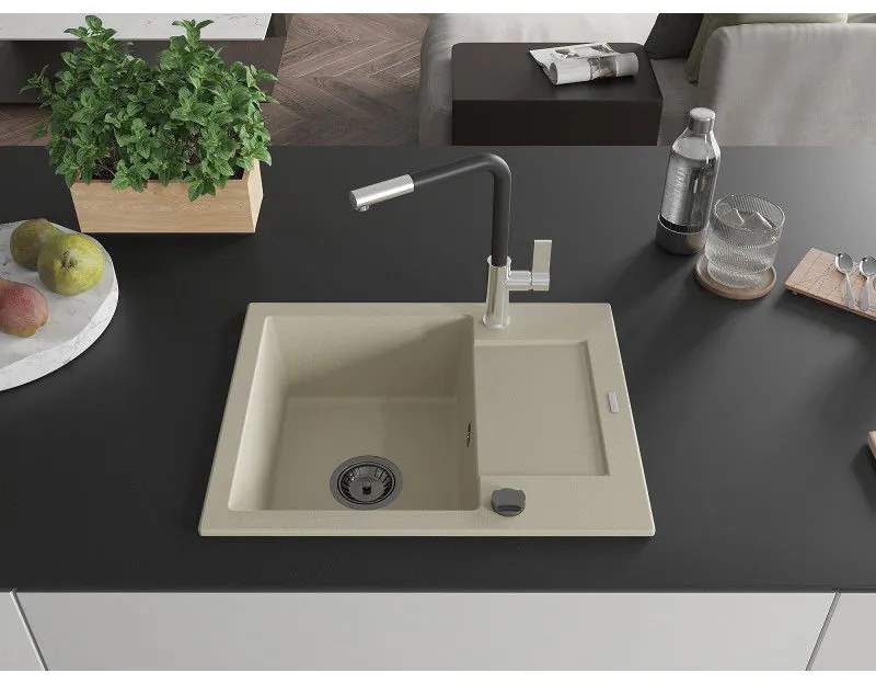 Mexen Enzo, 1 kamrás gránit mosogató 576x465x174 mm és Flora mosogató csaptelep, bézs, 6506-69-670401-07-B