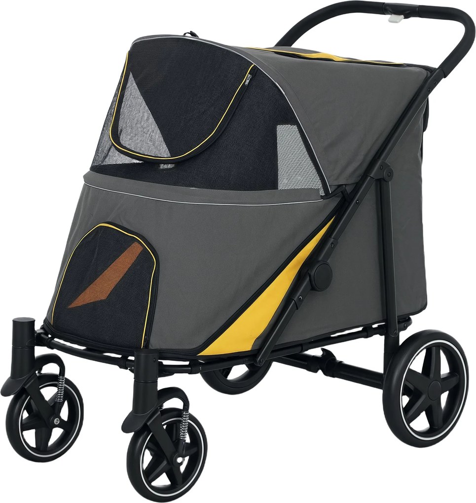 PawHut Kutyakocsi Kényelmes Párnával, Összecsukható Kutyakocsi Nagy és Közepes Kutyáknak, Macska Kocsi Háló Ablakkal, Biztonsági Pórázokkal, Táskával,