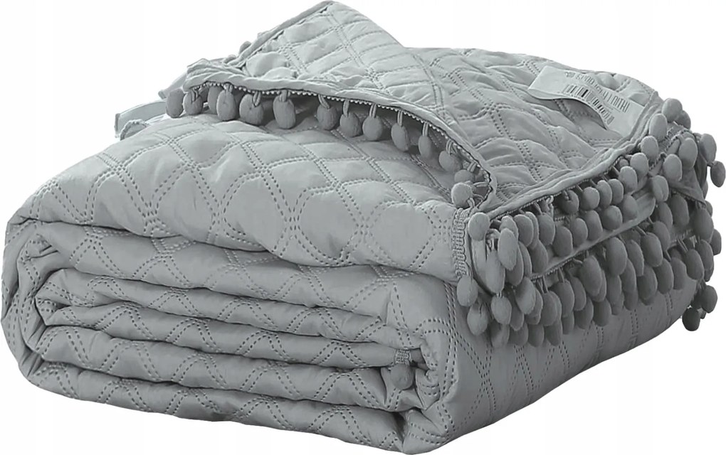 Dekoratív ágytakaró Pompoo 220x240 steppelt, pomponokkal, szürke