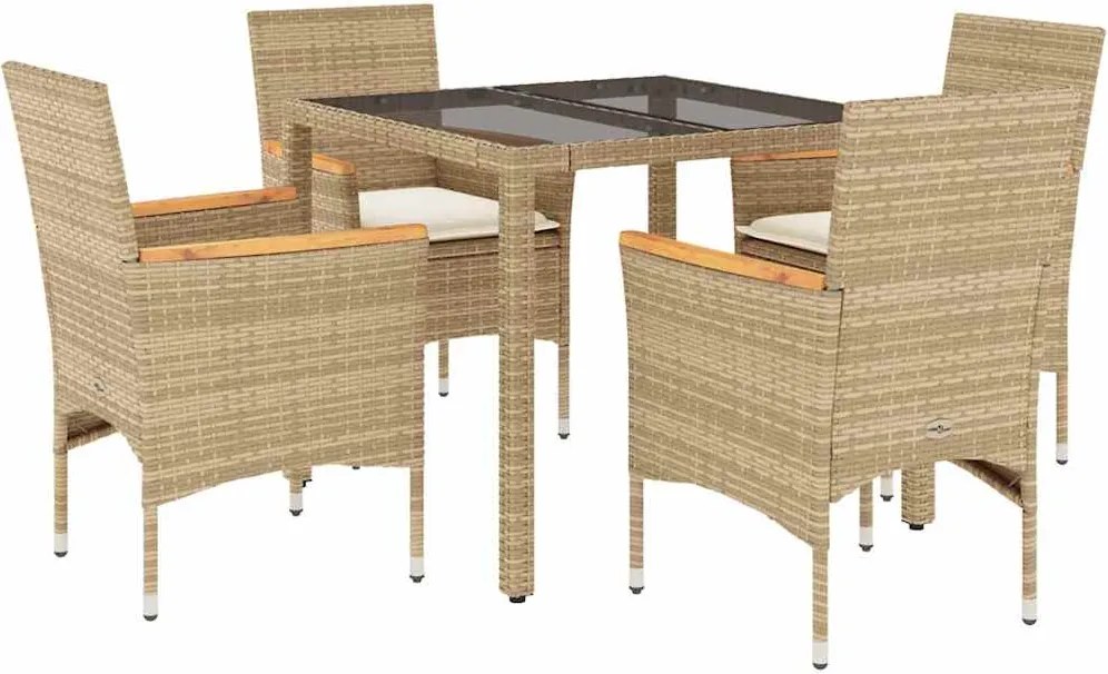 vidaXL 5 részes bézs polyrattan/üveg kerti étkezőgarnitúra párnákkal
