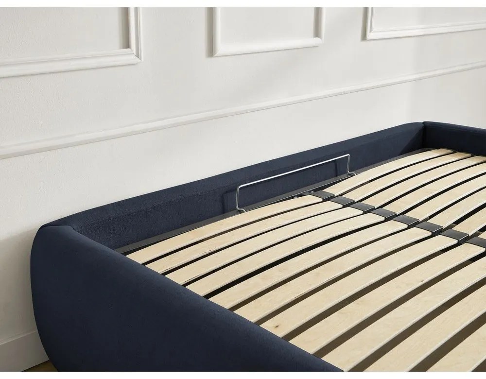 Sötétkék kárpitozott ágyneműtartós franciaágy ágyráccsal, ágytámla nélkül 160x200 cm Inera – Bobochic Paris