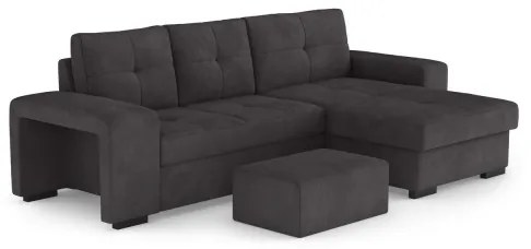 PALERMO jobbos, fekete kihúzható kanapé tárolóval és puffal