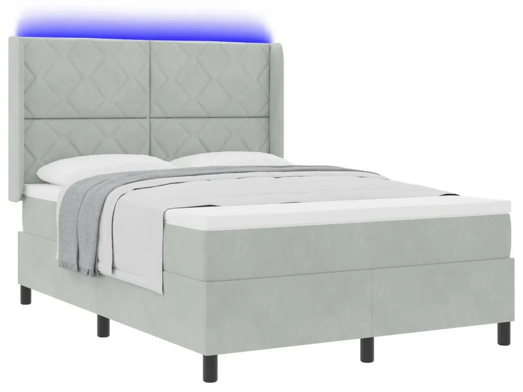 Boxspring ágy matraccal és LED világítással, világosszürke, 140x190 cm, bársonyos