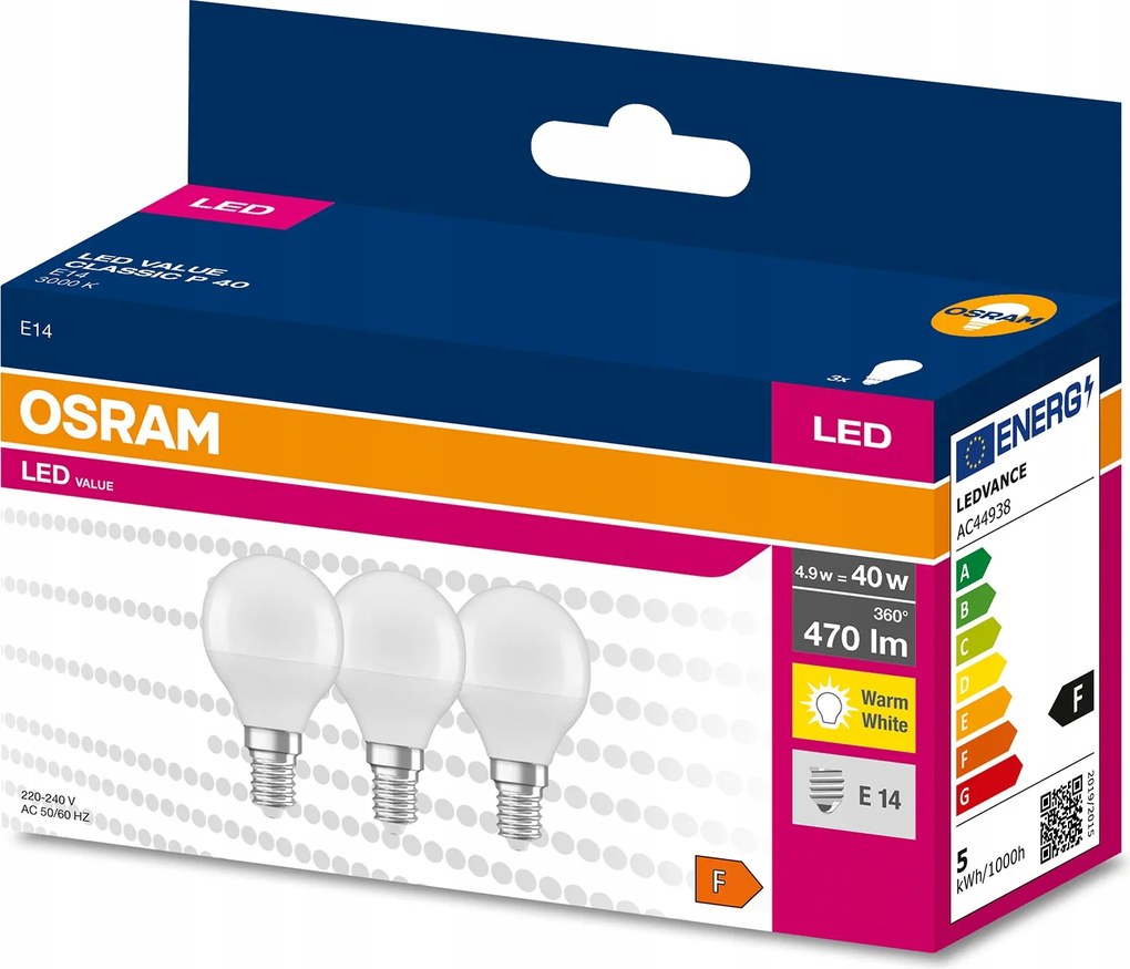 3PAK Led izzó E14 P45 4,9W 40W 470lm 3000K Meleg 200° Osram Value