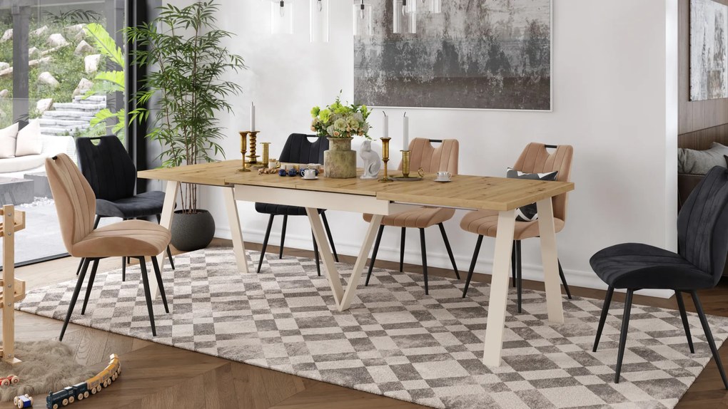 Mazzoni AVERY Artisan Tölgy/alja bézs (pezsgő) - BŐVÍTHETŐ LOFT/IPARI STÍLUSÚ ASZTAL NAPPALIBA/ÉTKEZŐBE - 2 MÉRET!