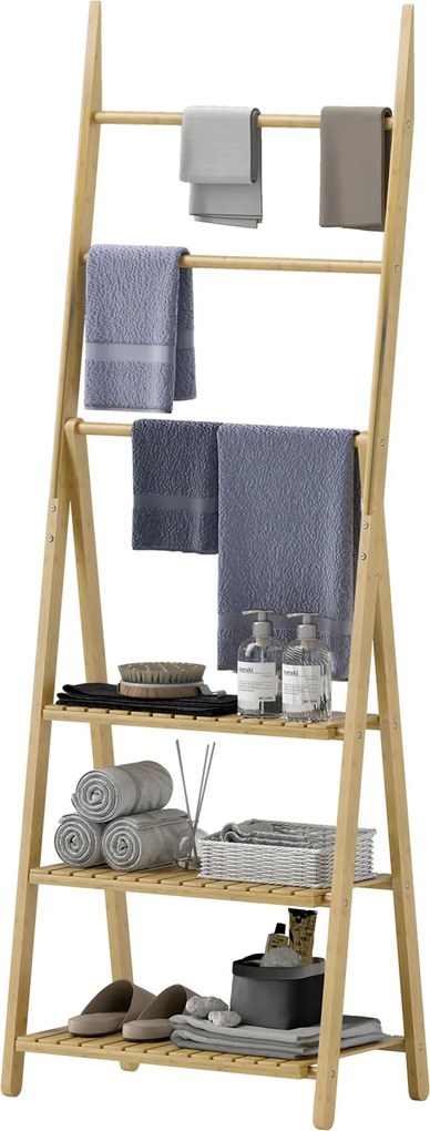 HOMCOM Bambusz Fürdőszobai Polc 3 Polccal, Hajtogatható Tároló Polc Törölközőtartókkal, A-Formájú Fa Polc 53.5x30x53 cm | Aosom
