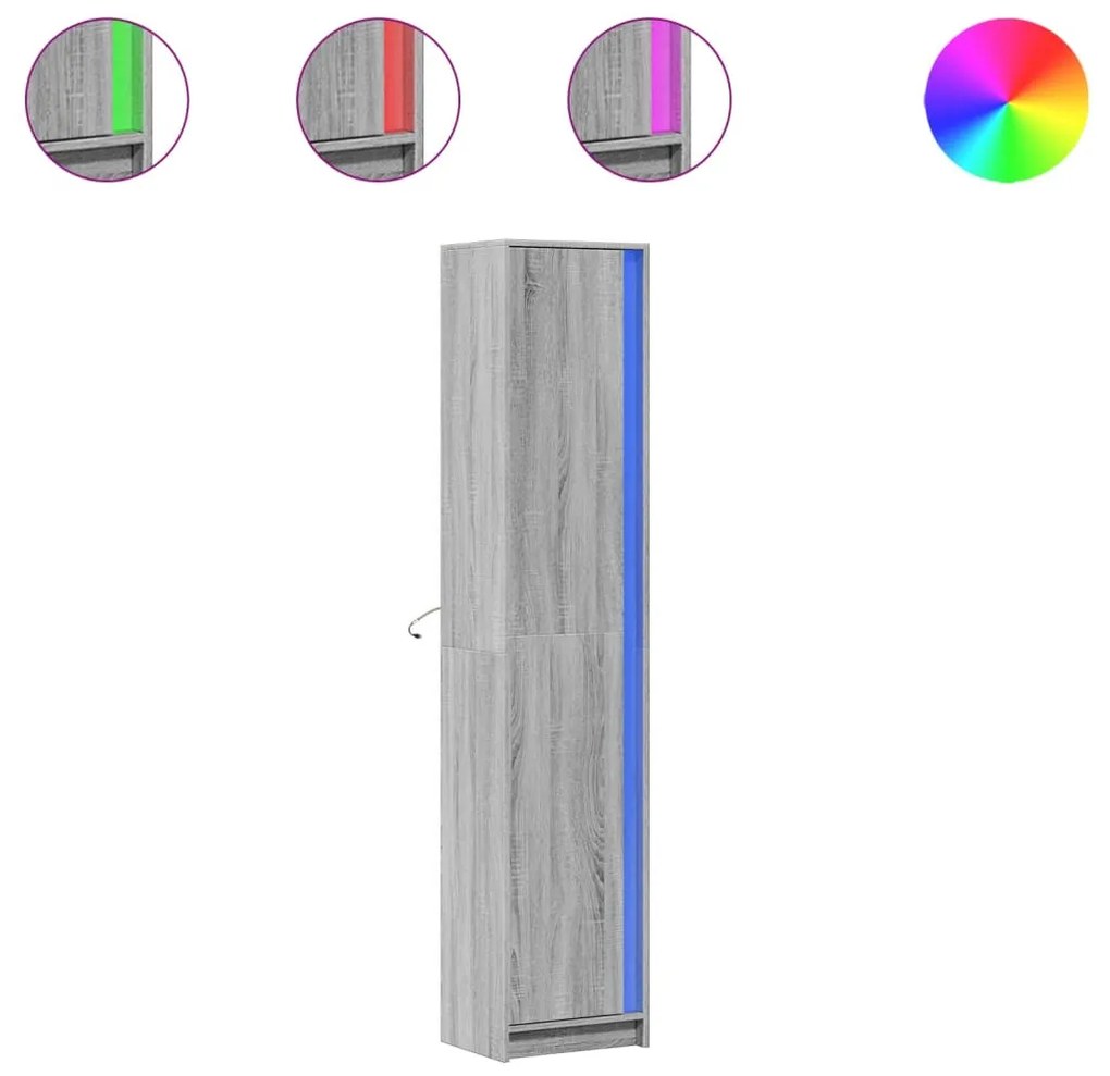 szürke sonoma szerelt fa LED-es magasszekrény 41,5x32,5x200 cm