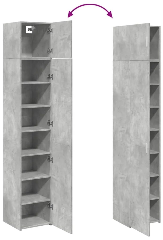 betonszürke szerelt fa vékony tárolószekrény 40 x 42,5 x 225 cm