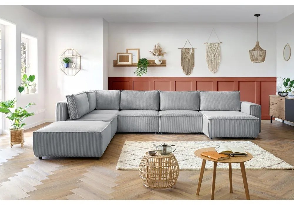 Világosszürke kordbársony sarokkanapé (bal oldali-"U" alakú) Nihad modular – Bobochic Paris