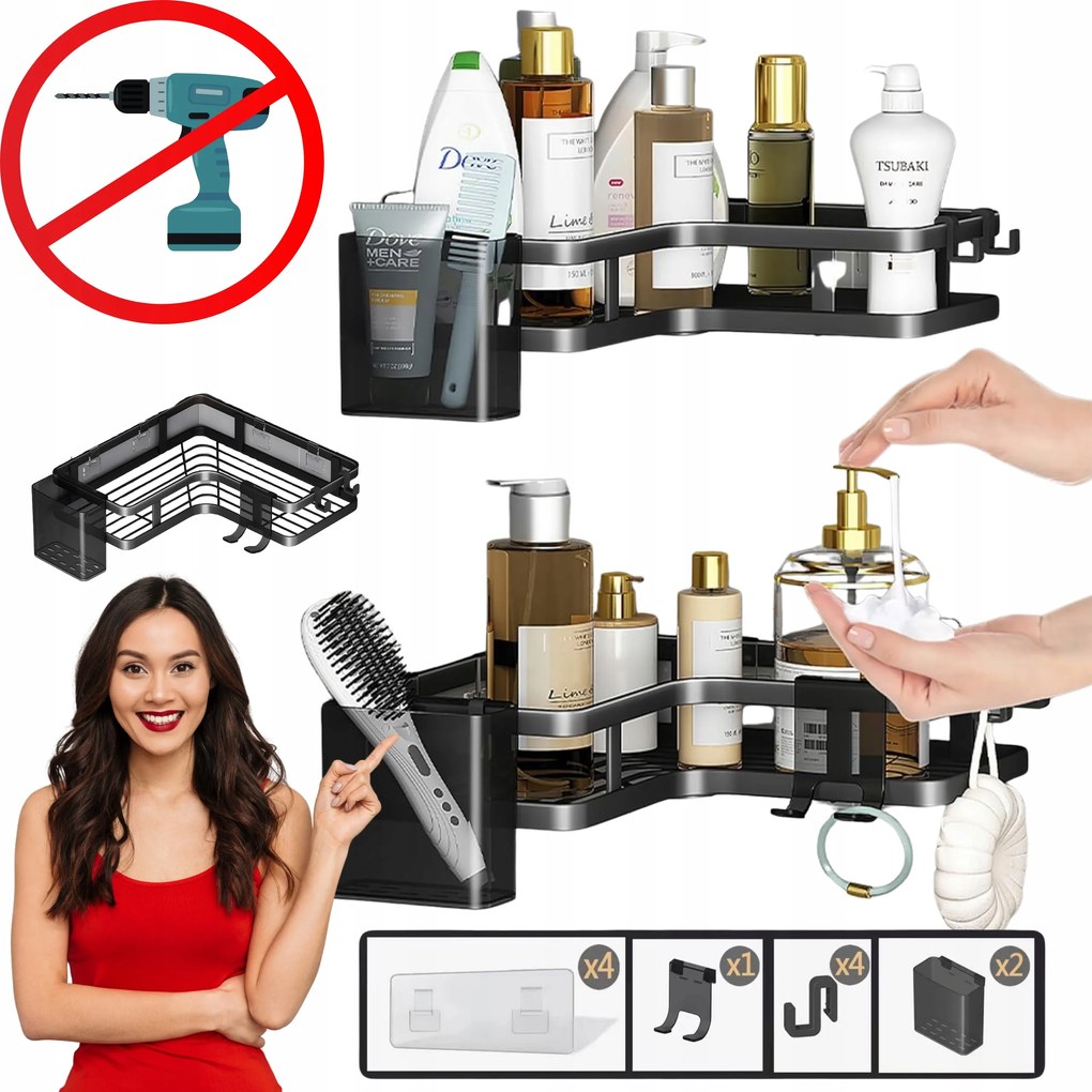 Fürdőszobai Sarokpolc Akasztós Zuhanyhoz Fúrás Nélkül Fekete Loft