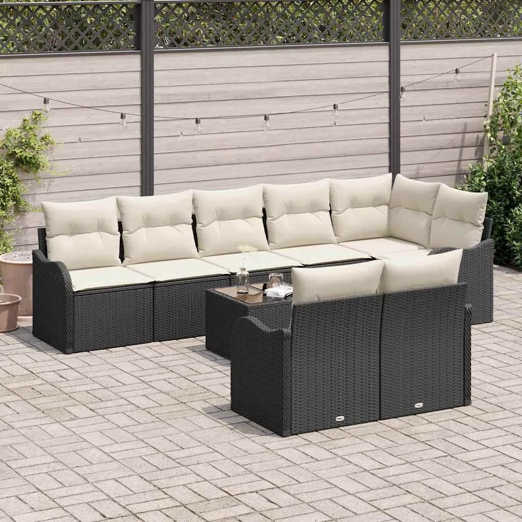 Kerti Kanapé Szett párnával 9 pcs Fekete és fehér Poli rattan