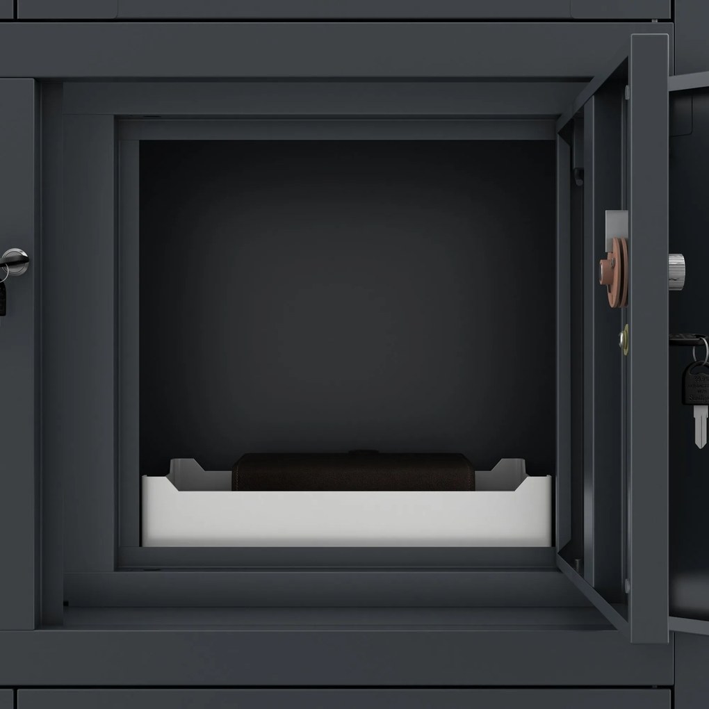 Fém iratszekrény széffel, vitrinnel és fiókokkal FILIP, 900 x 1850 x 400 mm, antracit