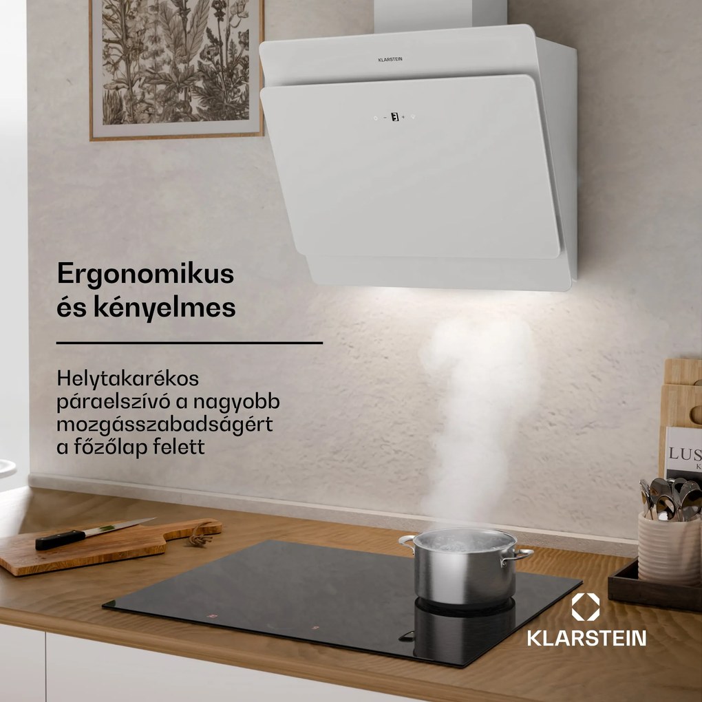 Klarstein Aurica 60, páraelszívó, 60 cm, 610 m³/ó, LED, érintőképernyős, üveg, fehér