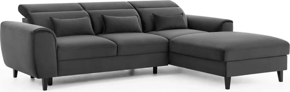 Sötétszürke bársony kinyitható-tárolóhelyes sarokkanapé (jobb oldali-heverő résszel) Foble – ELTAP