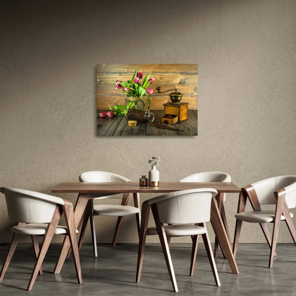 Tulipánok, daráló és kávé képe (üvegen) (70x50 cm)