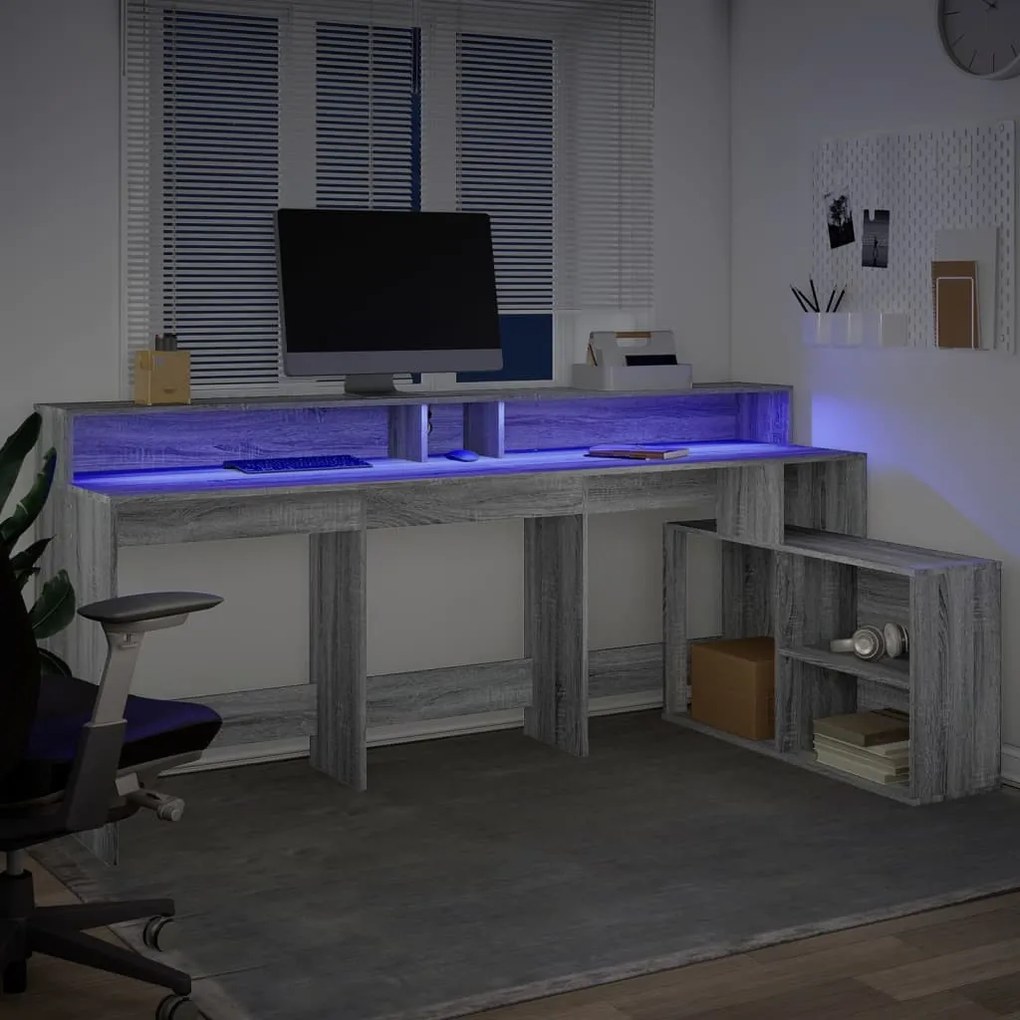 szürke sonoma színű szerelt fa LED-es íróasztal 200x104x91 cm