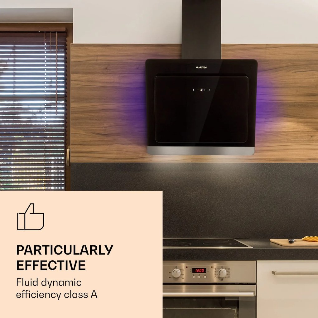 Klarstein Aurora Eco 60, páraelszívó, 60 cm, falra szerelhető, 550 m³/h, A+, érintéses vezérlés, fekete