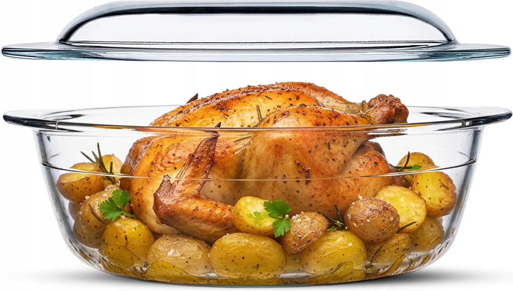 Hőálló Üveg Edény 2,2L, Kerek Sütőfedéllel