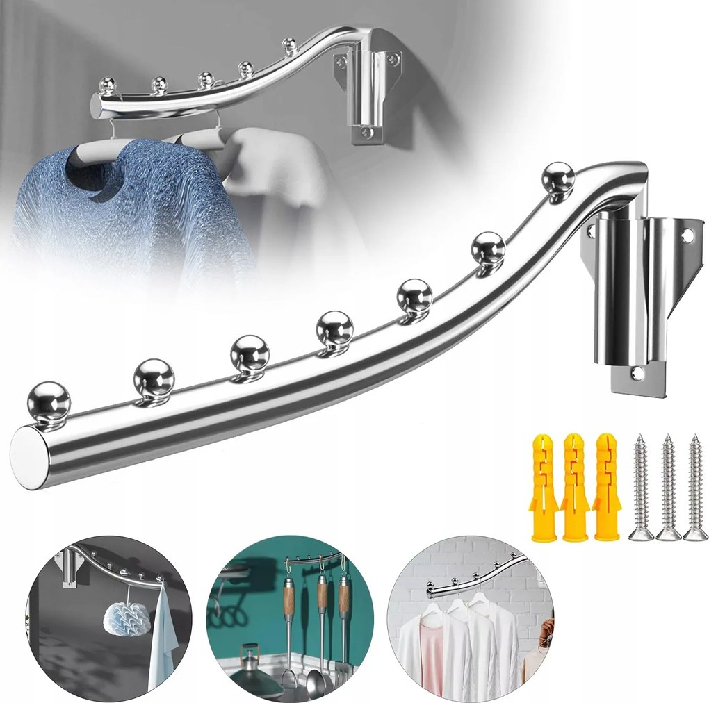 Összecsukható Ruhaakasztó, Falra Szerelhető, 7 Akasztóval, 180°-BAN Elforgatható