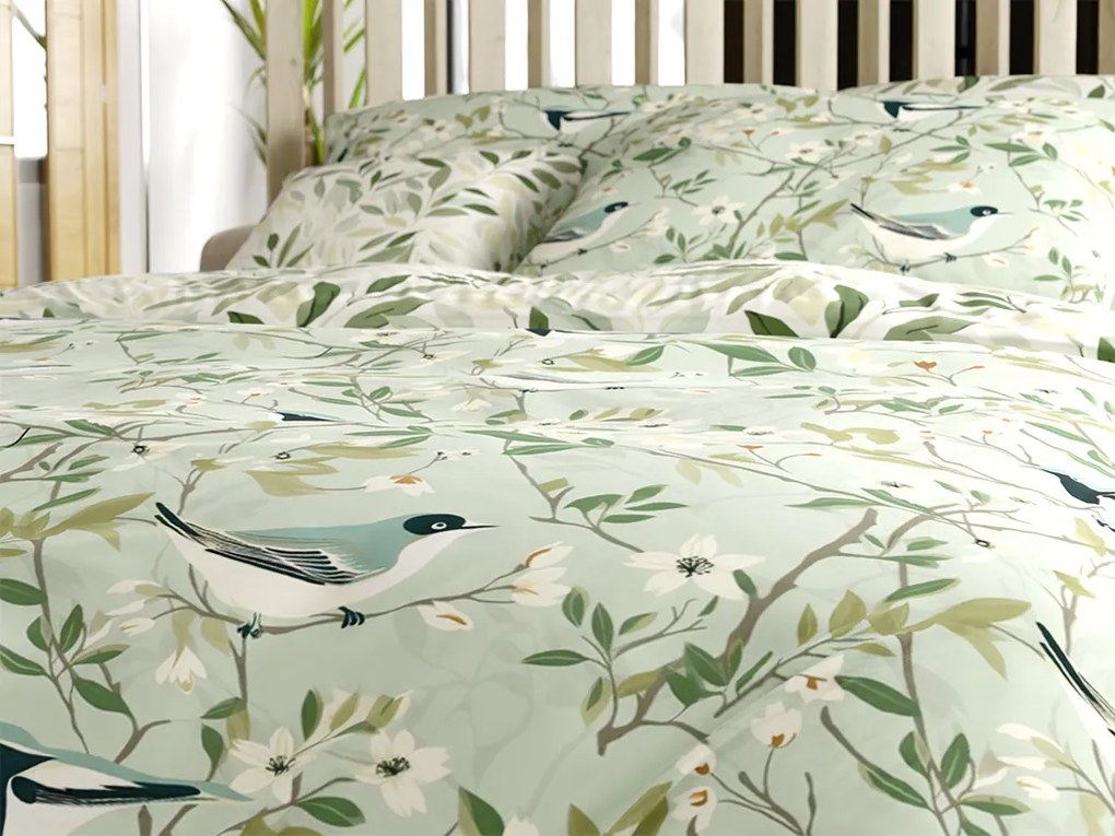 Pamut ágynemű FLORIBIRD POLY zöld Ágyneműhuzat mérete: 70 x 90 cm | 140 x 220 cm