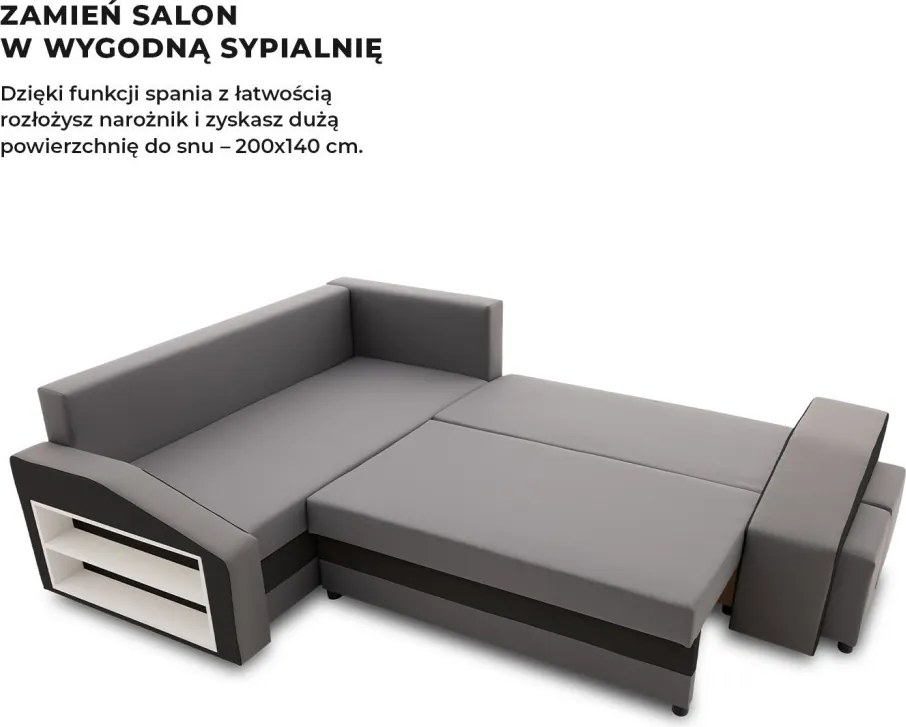 Grande sarokkanapé polcokkal és puffokkal , polc a bal karfaban puffok a jobb karfaban, baloldali, szövet anyag, hab töltet, szürke - fekete