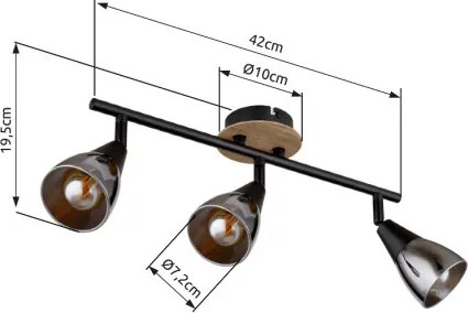 Globo 54311-3 Spotlámpa matt fekete fém, barna fa, füstszínű üveg, HxSzxM.: 420x100x195mm, nem tartozék: 3x E14 25W 230V